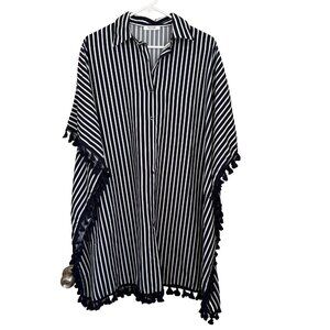 Navy White Striped Poncho Top Swimsuit Cover Up M Oversized Tassel Beach Coastal